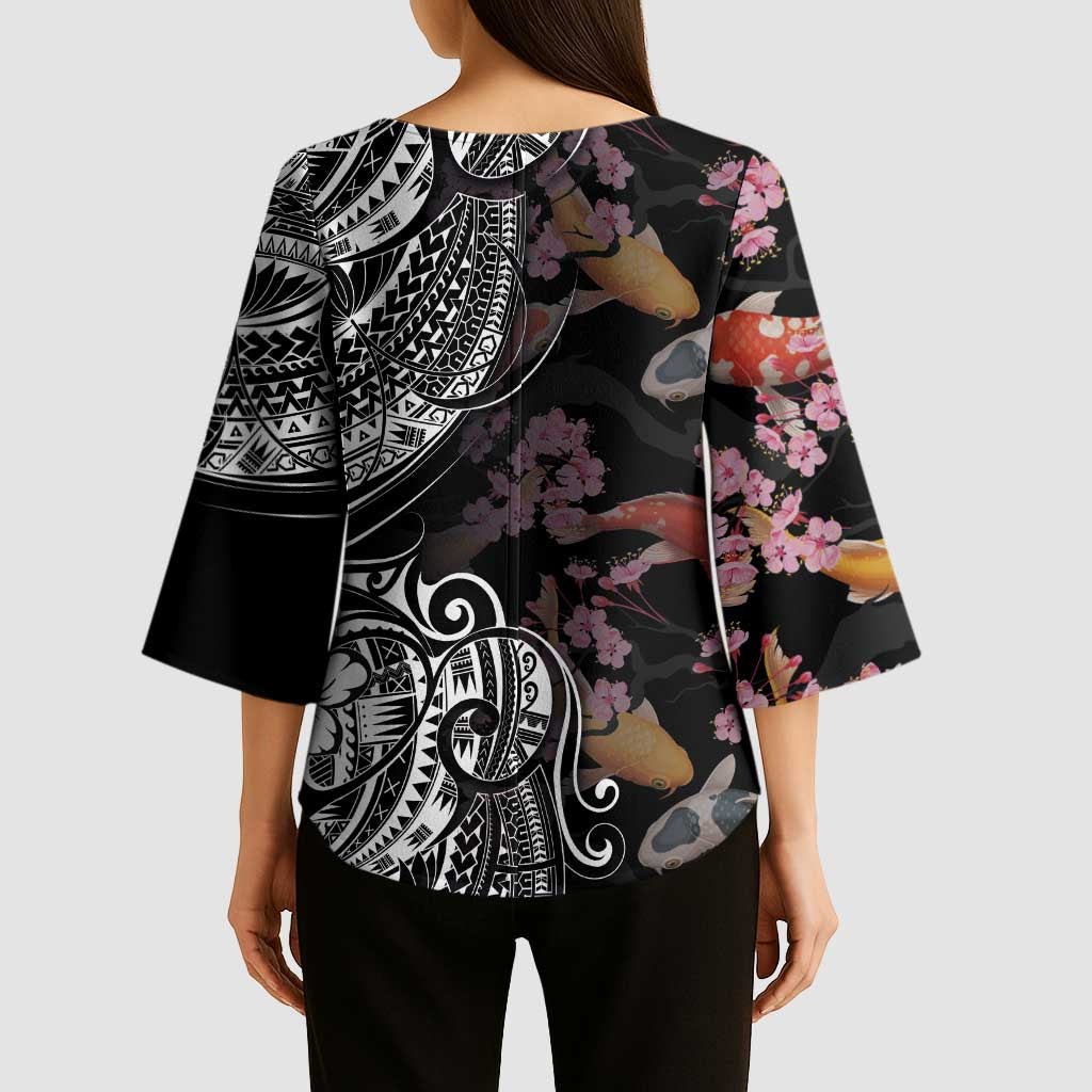Hawaiian and Japanese Together Kimono Sleeve Blouse Polynesian Triball Tattoo Koi Carps and Sakura LT03 - Polynesian Pride