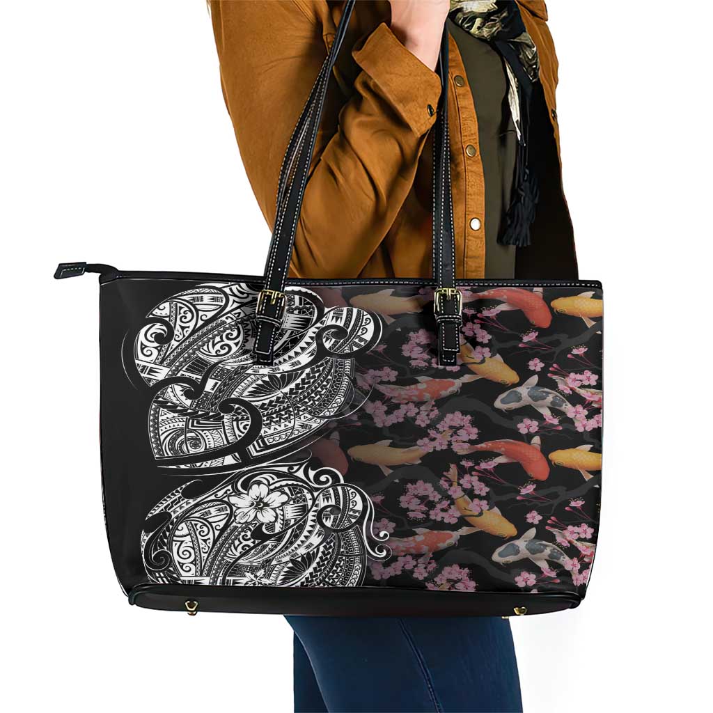 Hawaiian and Japanese Together Leather Tote Bag Polynesian Triball Tattoo Koi Carps and Sakura LT03 - Polynesian Pride