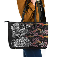 Hawaiian and Japanese Together Leather Tote Bag Polynesian Triball Tattoo Koi Carps and Sakura LT03 - Polynesian Pride