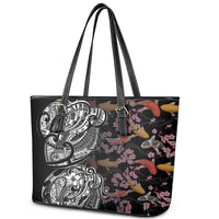 Hawaiian and Japanese Together Leather Tote Bag Polynesian Triball Tattoo Koi Carps and Sakura LT03 - Polynesian Pride