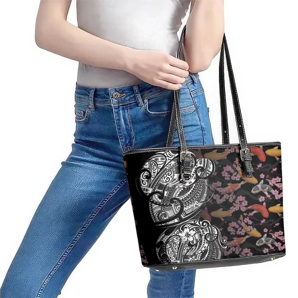 Hawaiian and Japanese Together Leather Tote Bag Polynesian Triball Tattoo Koi Carps and Sakura LT03 - Polynesian Pride