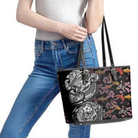 Hawaiian and Japanese Together Leather Tote Bag Polynesian Triball Tattoo Koi Carps and Sakura LT03 - Polynesian Pride