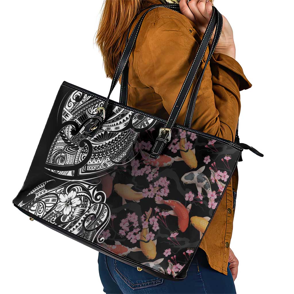 Hawaiian and Japanese Together Leather Tote Bag Polynesian Triball Tattoo Koi Carps and Sakura LT03 - Polynesian Pride