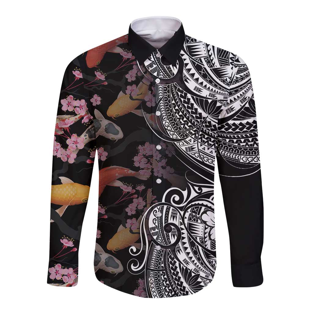 Hawaiian and Japanese Together Long Sleeve Button Shirt Polynesian Triball Tattoo Koi Carps and Sakura LT03 Unisex Black - Polynesian Pride