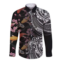 Hawaiian and Japanese Together Long Sleeve Button Shirt Polynesian Triball Tattoo Koi Carps and Sakura LT03 Unisex Black - Polynesian Pride