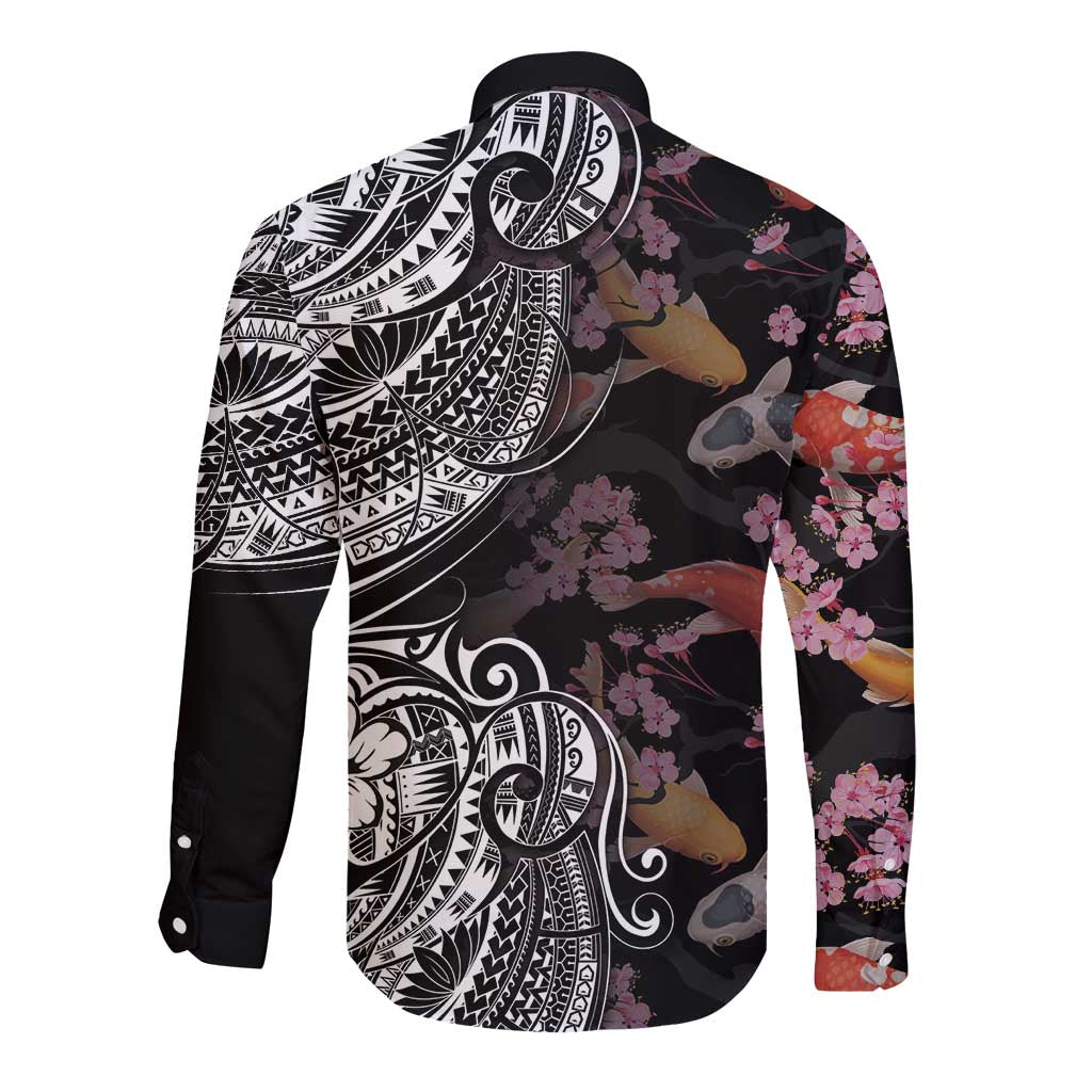 Hawaiian and Japanese Together Long Sleeve Button Shirt Polynesian Triball Tattoo Koi Carps and Sakura LT03 - Polynesian Pride