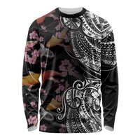 Hawaiian and Japanese Together Long Sleeve Shirt Polynesian Triball Tattoo Koi Carps and Sakura LT03 Unisex Black - Polynesian Pride