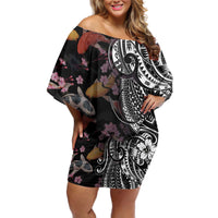 Hawaiian and Japanese Together Off Shoulder Short Dress Polynesian Triball Tattoo Koi Carps and Sakura LT03 Women Black - Polynesian Pride