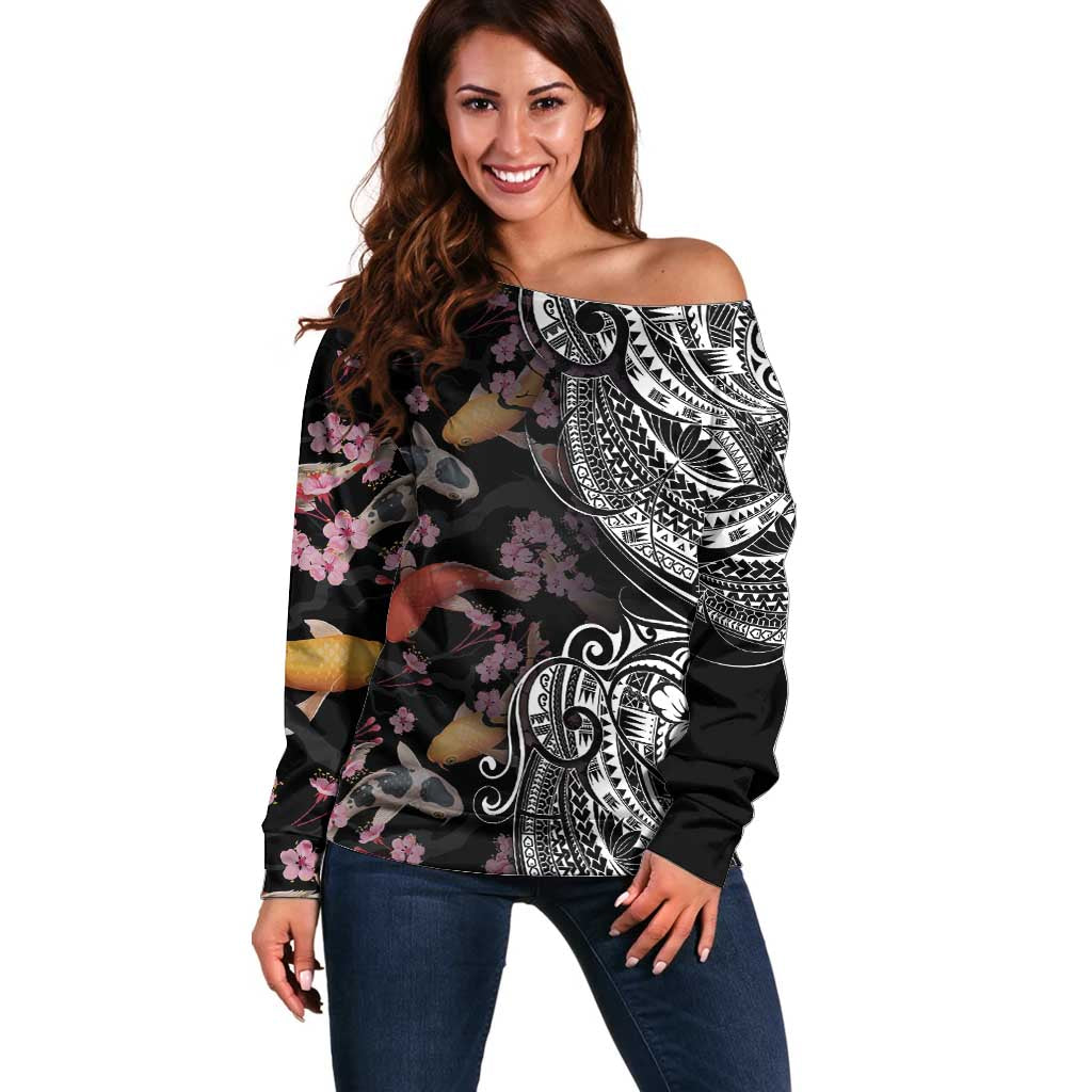Hawaiian and Japanese Together Off Shoulder Sweater Polynesian Triball Tattoo Koi Carps and Sakura LT03 Women Black - Polynesian Pride