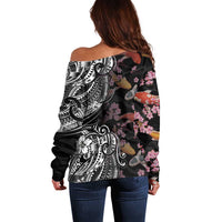 Hawaiian and Japanese Together Off Shoulder Sweater Polynesian Triball Tattoo Koi Carps and Sakura LT03 - Polynesian Pride