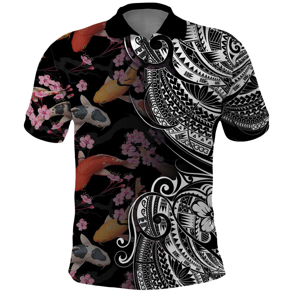 Hawaiian and Japanese Together Polo Shirt Polynesian Triball Tattoo Koi Carps and Sakura LT03 Black - Polynesian Pride