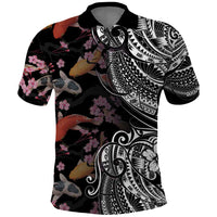 Hawaiian and Japanese Together Polo Shirt Polynesian Triball Tattoo Koi Carps and Sakura LT03 Black - Polynesian Pride