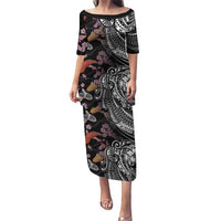 Hawaiian and Japanese Together Puletasi Polynesian Triball Tattoo Koi Carps and Sakura LT03 Long Dress Black - Polynesian Pride