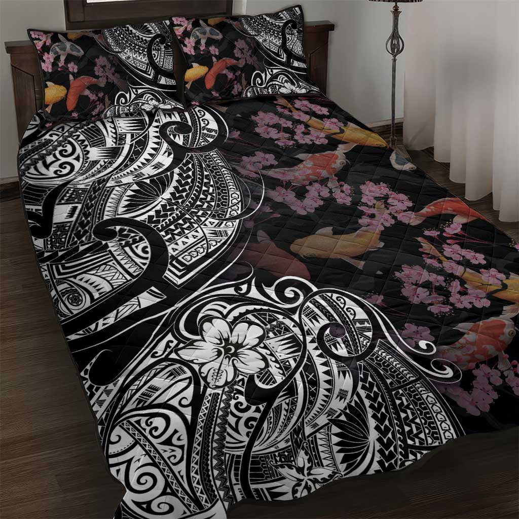 Hawaiian and Japanese Together Quilt Bed Set Polynesian Triball Tattoo Koi Carps and Sakura LT03 Black - Polynesian Pride