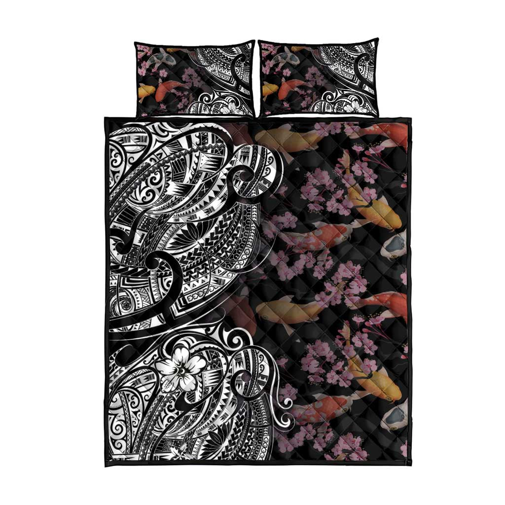 Hawaiian and Japanese Together Quilt Bed Set Polynesian Triball Tattoo Koi Carps and Sakura LT03 - Polynesian Pride