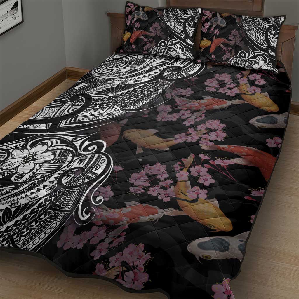 Hawaiian and Japanese Together Quilt Bed Set Polynesian Triball Tattoo Koi Carps and Sakura LT03 - Polynesian Pride