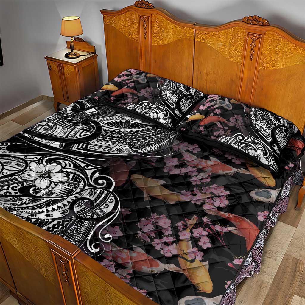 Hawaiian and Japanese Together Quilt Bed Set Polynesian Triball Tattoo Koi Carps and Sakura LT03 - Polynesian Pride