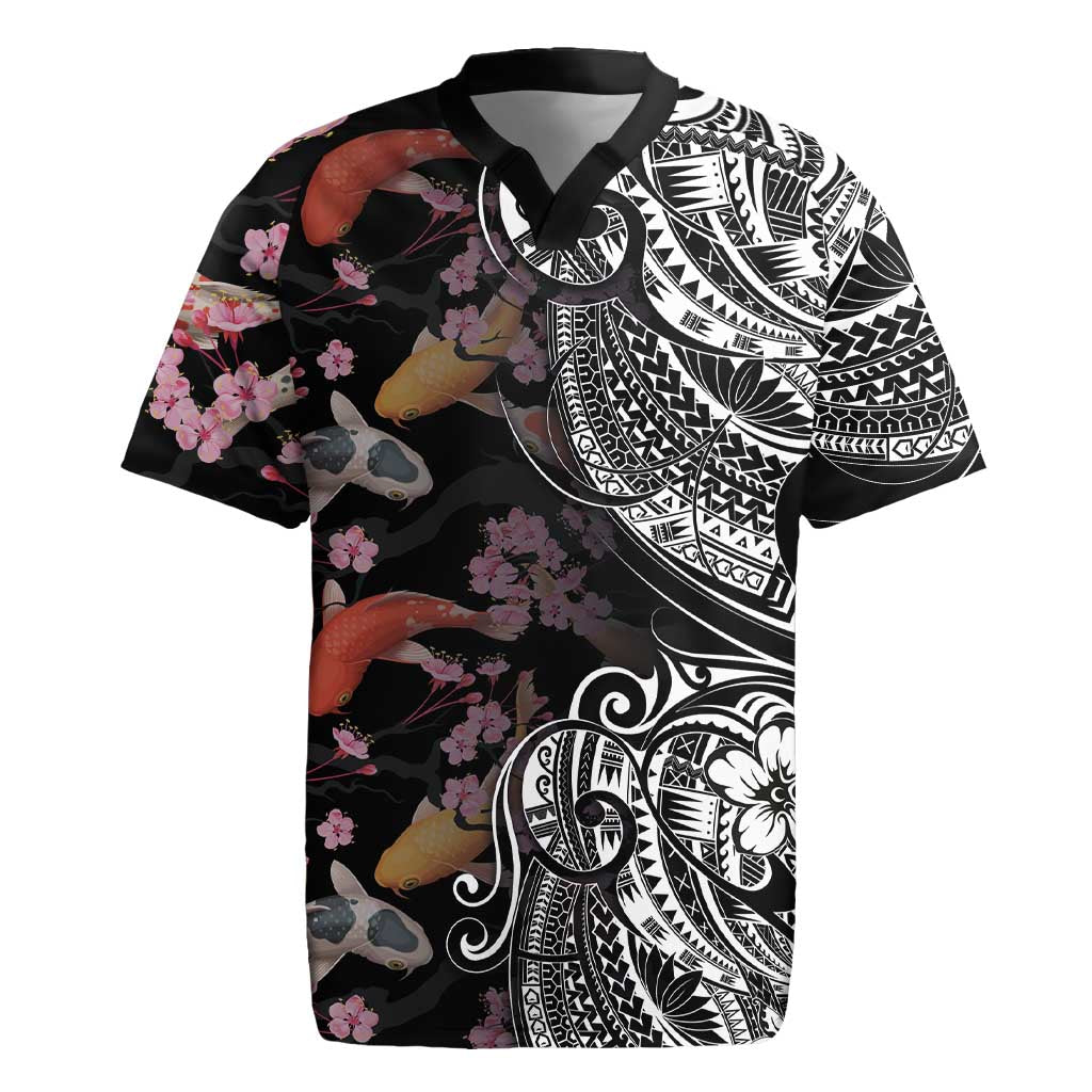 Hawaiian and Japanese Together Rugby Jersey Polynesian Triball Tattoo Koi Carps and Sakura LT03 Black - Polynesian Pride