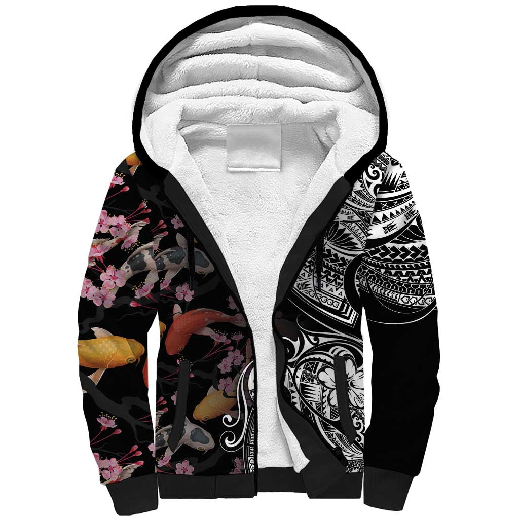 Hawaiian and Japanese Together Sherpa Hoodie Polynesian Triball Tattoo Koi Carps and Sakura LT03 Unisex Black - Polynesian Pride