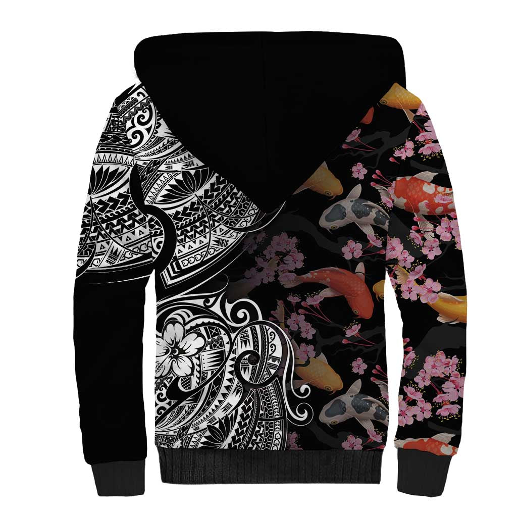 Hawaiian and Japanese Together Sherpa Hoodie Polynesian Triball Tattoo Koi Carps and Sakura LT03 - Polynesian Pride