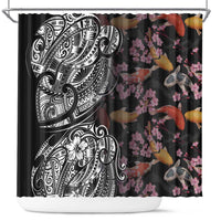 Hawaiian and Japanese Together Shower Curtain Polynesian Triball Tattoo Koi Carps and Sakura LT03 Black - Polynesian Pride
