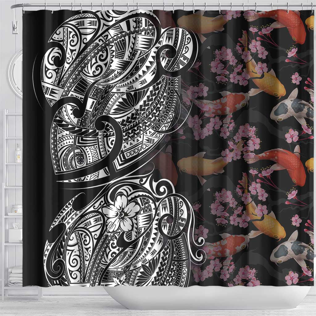 Hawaiian and Japanese Together Shower Curtain Polynesian Triball Tattoo Koi Carps and Sakura LT03 - Polynesian Pride
