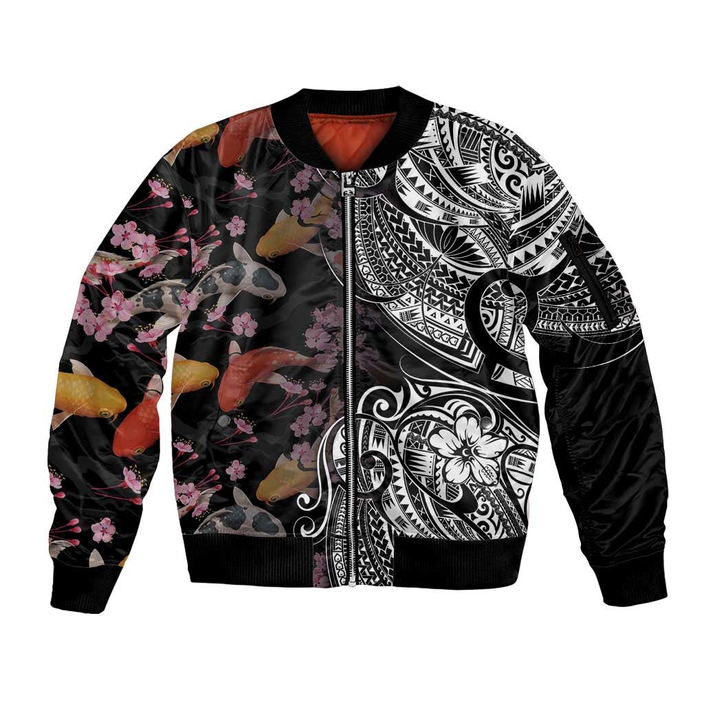 Hawaiian and Japanese Together Sleeve Zip Bomber Jacket Polynesian Triball Tattoo Koi Carps and Sakura LT03 Unisex Black - Polynesian Pride