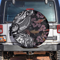 Hawaiian and Japanese Together Spare Tire Cover Polynesian Triball Tattoo Koi Carps and Sakura LT03 Black - Polynesian Pride