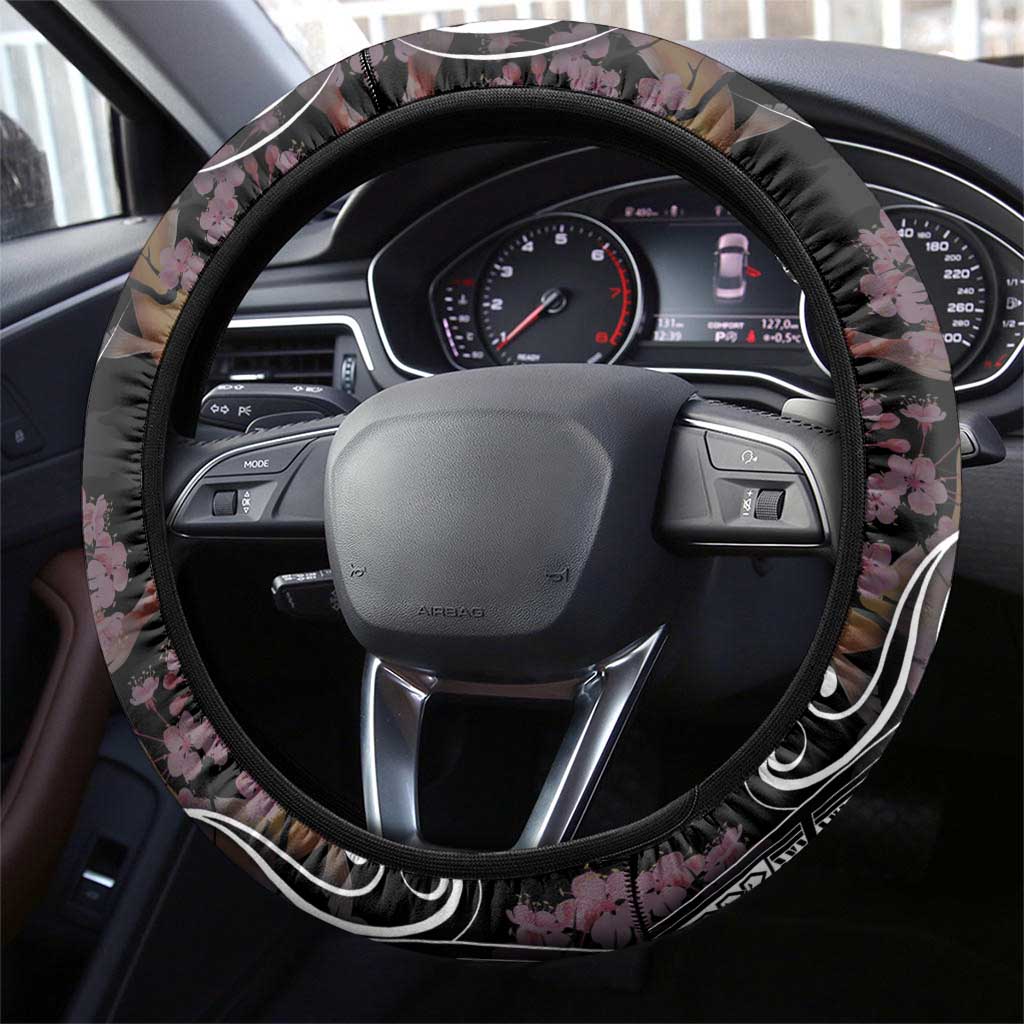 Hawaiian and Japanese Together Steering Wheel Cover Polynesian Triball Tattoo Koi Carps and Sakura LT03 - Polynesian Pride