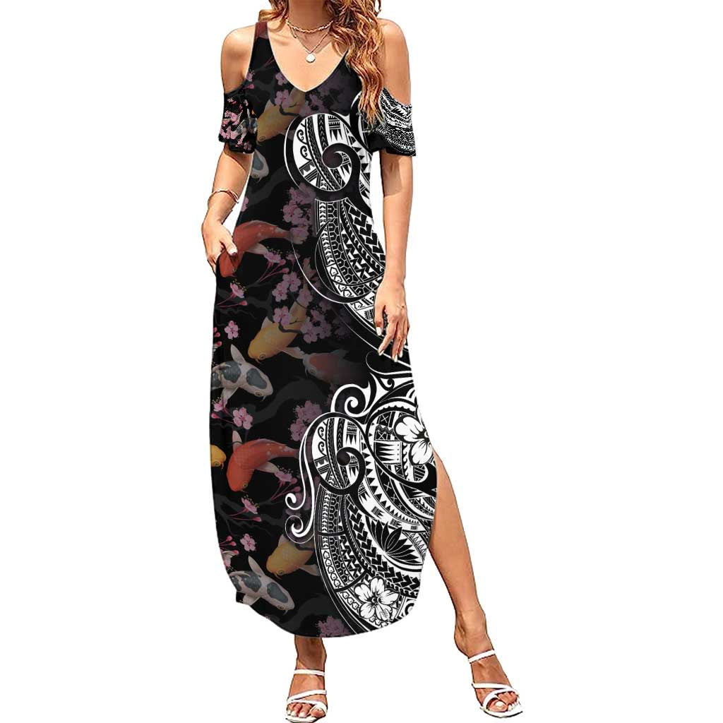 Hawaiian and Japanese Together Summer Maxi Dress Polynesian Triball Tattoo Koi Carps and Sakura LT03 Women Black - Polynesian Pride