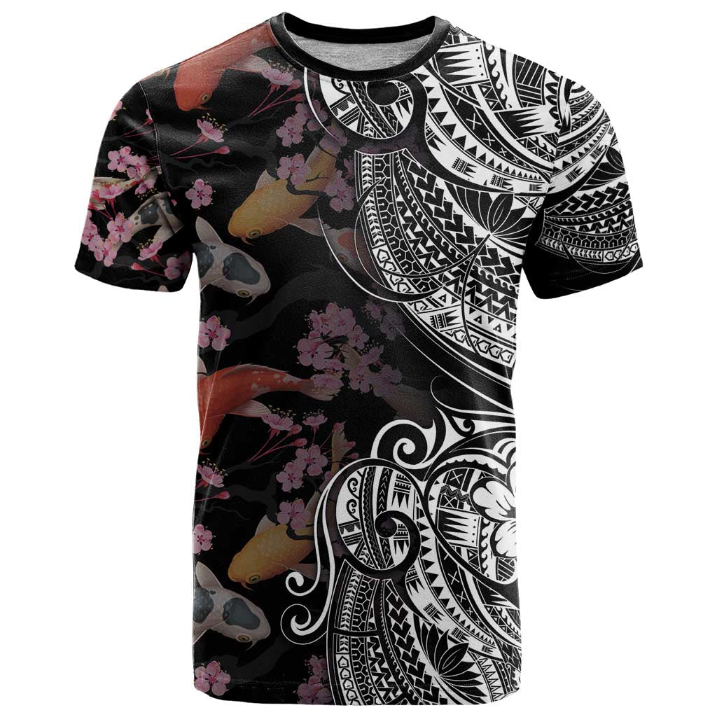 Hawaiian and Japanese Together T Shirt Polynesian Triball Tattoo Koi Carps and Sakura LT03 Black - Polynesian Pride