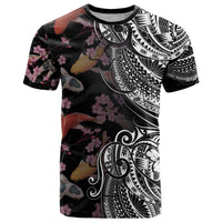 Hawaiian and Japanese Together T Shirt Polynesian Triball Tattoo Koi Carps and Sakura LT03 Black - Polynesian Pride