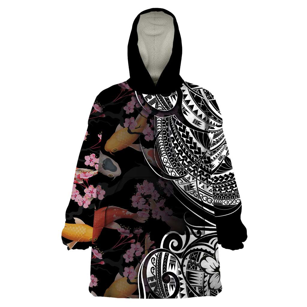 Hawaiian and Japanese Together Wearable Blanket Hoodie Polynesian Triball Tattoo Koi Carps and Sakura LT03 One Size Black - Polynesian Pride
