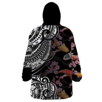 Hawaiian and Japanese Together Wearable Blanket Hoodie Polynesian Triball Tattoo Koi Carps and Sakura LT03 - Polynesian Pride