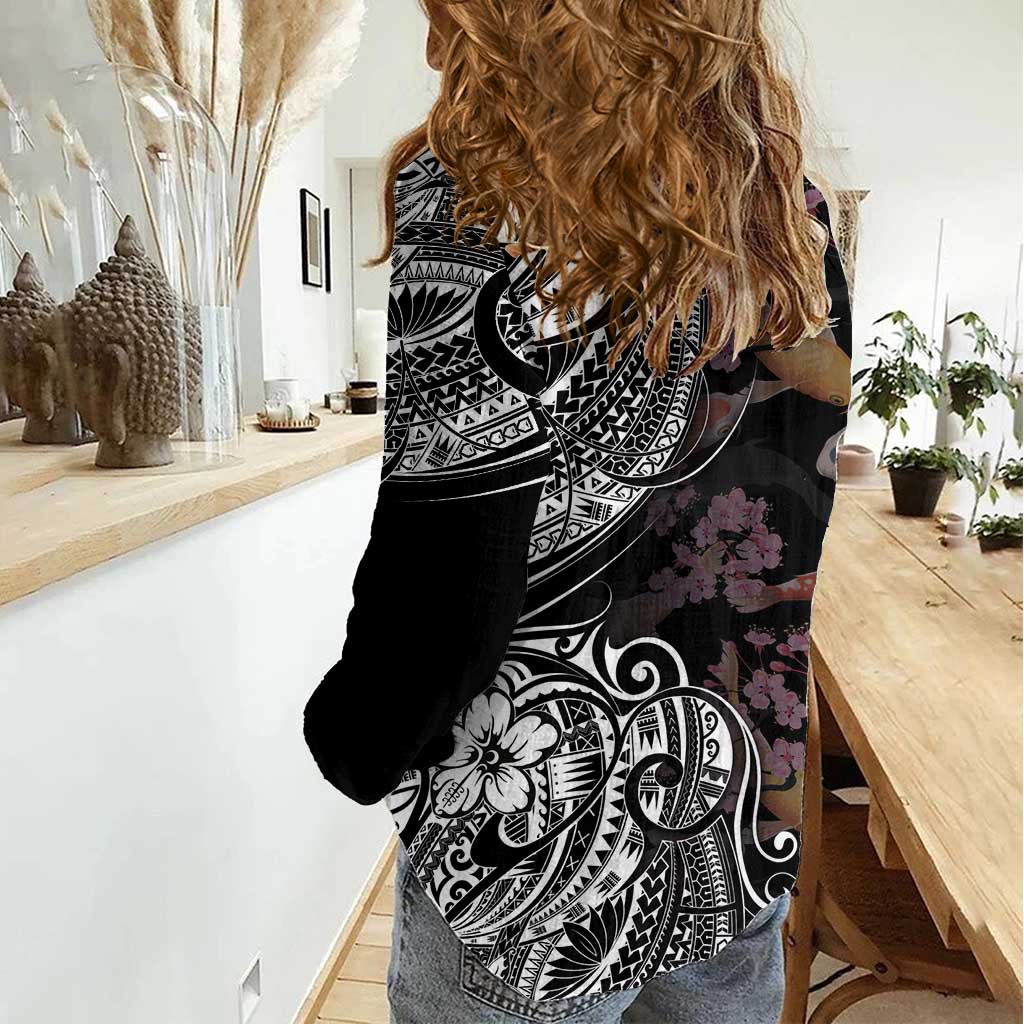 Hawaiian and Japanese Together Women Casual Shirt Polynesian Triball Tattoo Koi Carps and Sakura LT03 - Polynesian Pride