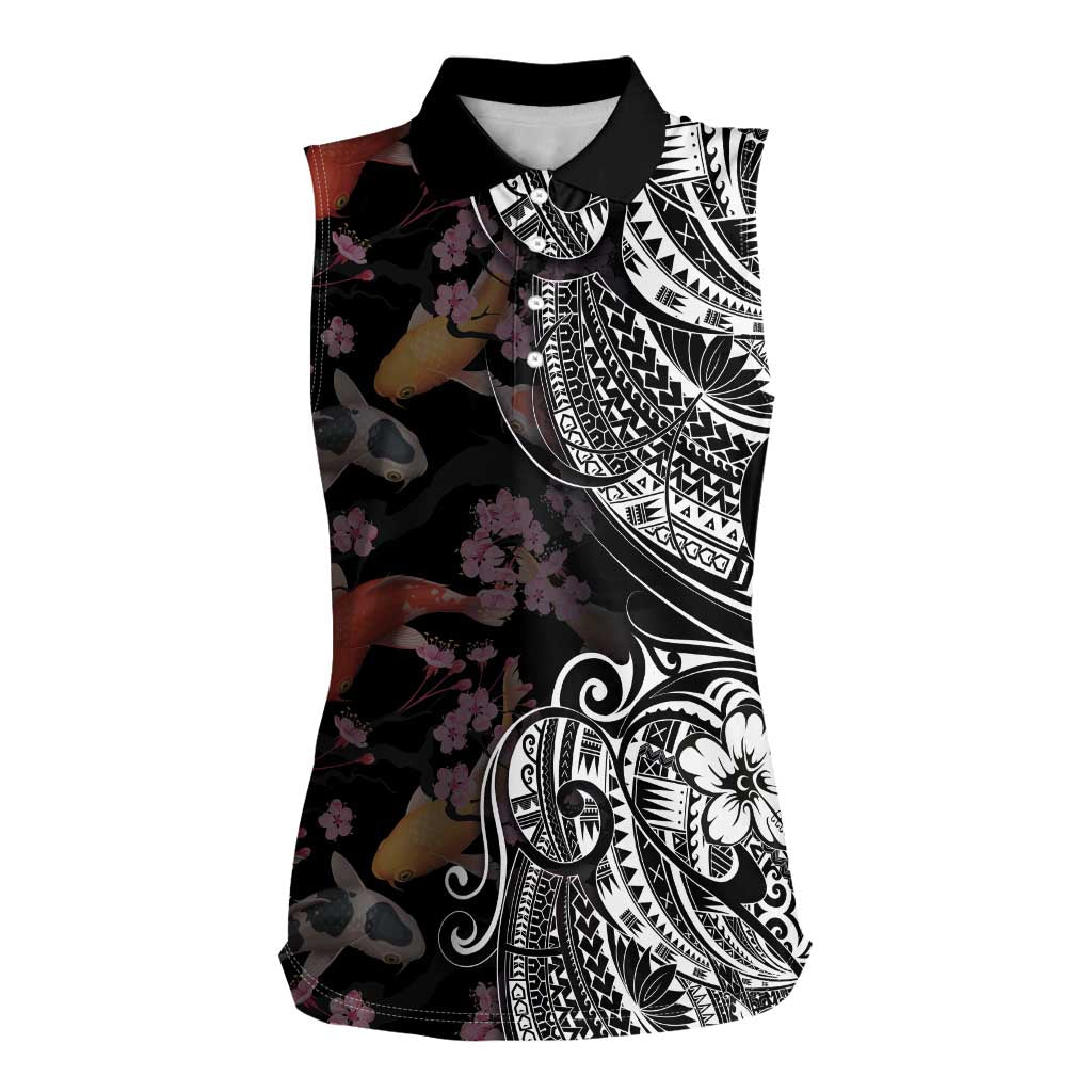 Hawaiian and Japanese Together Women Sleeveless Polo Shirt Polynesian Triball Tattoo Koi Carps and Sakura LT03 Female Black - Polynesian Pride