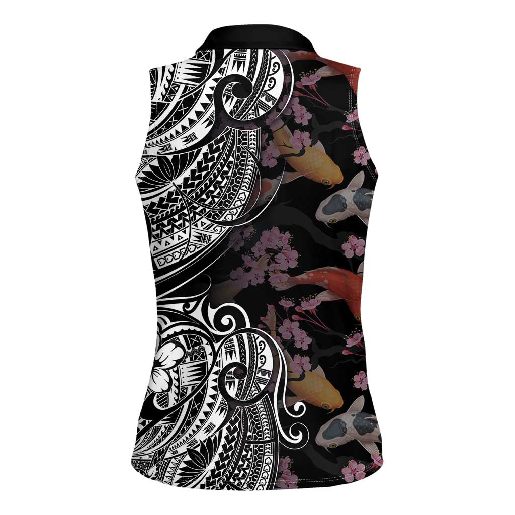 Hawaiian and Japanese Together Women Sleeveless Polo Shirt Polynesian Triball Tattoo Koi Carps and Sakura LT03 - Polynesian Pride