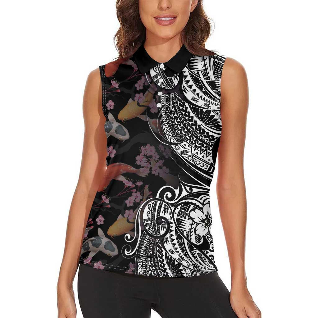 Hawaiian and Japanese Together Women Sleeveless Polo Shirt Polynesian Triball Tattoo Koi Carps and Sakura LT03 - Polynesian Pride