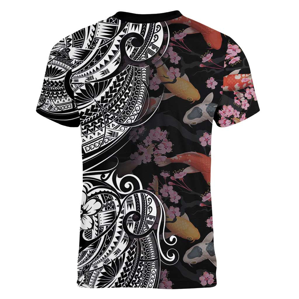 Hawaiian and Japanese Together Women V-Neck T-Shirt Polynesian Triball Tattoo Koi Carps and Sakura LT03 - Polynesian Pride