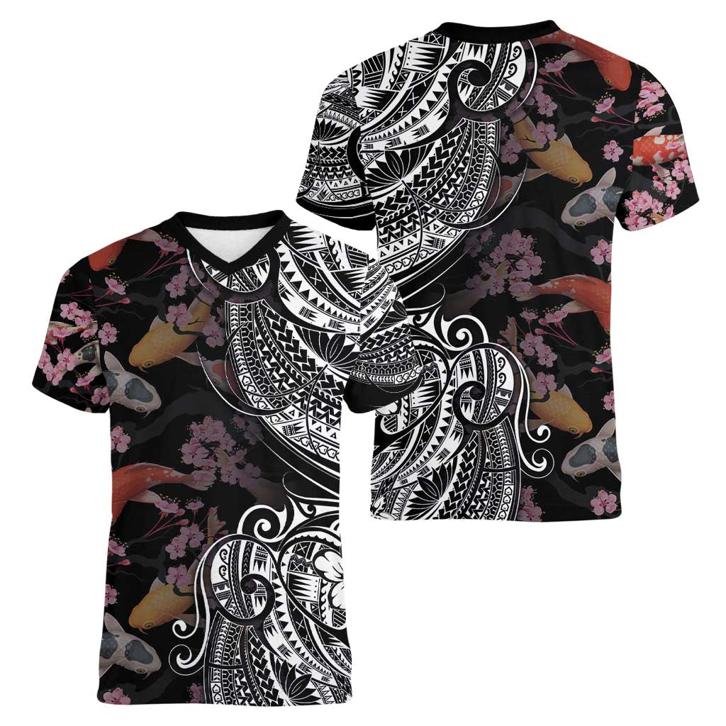 Hawaiian and Japanese Together Women V-Neck T-Shirt Polynesian Triball Tattoo Koi Carps and Sakura LT03 - Polynesian Pride