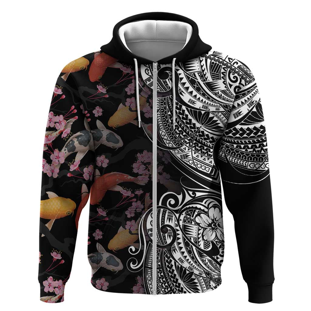 Hawaiian and Japanese Together Zip Hoodie Polynesian Triball Tattoo Koi Carps and Sakura LT03 Zip Hoodie Black - Polynesian Pride