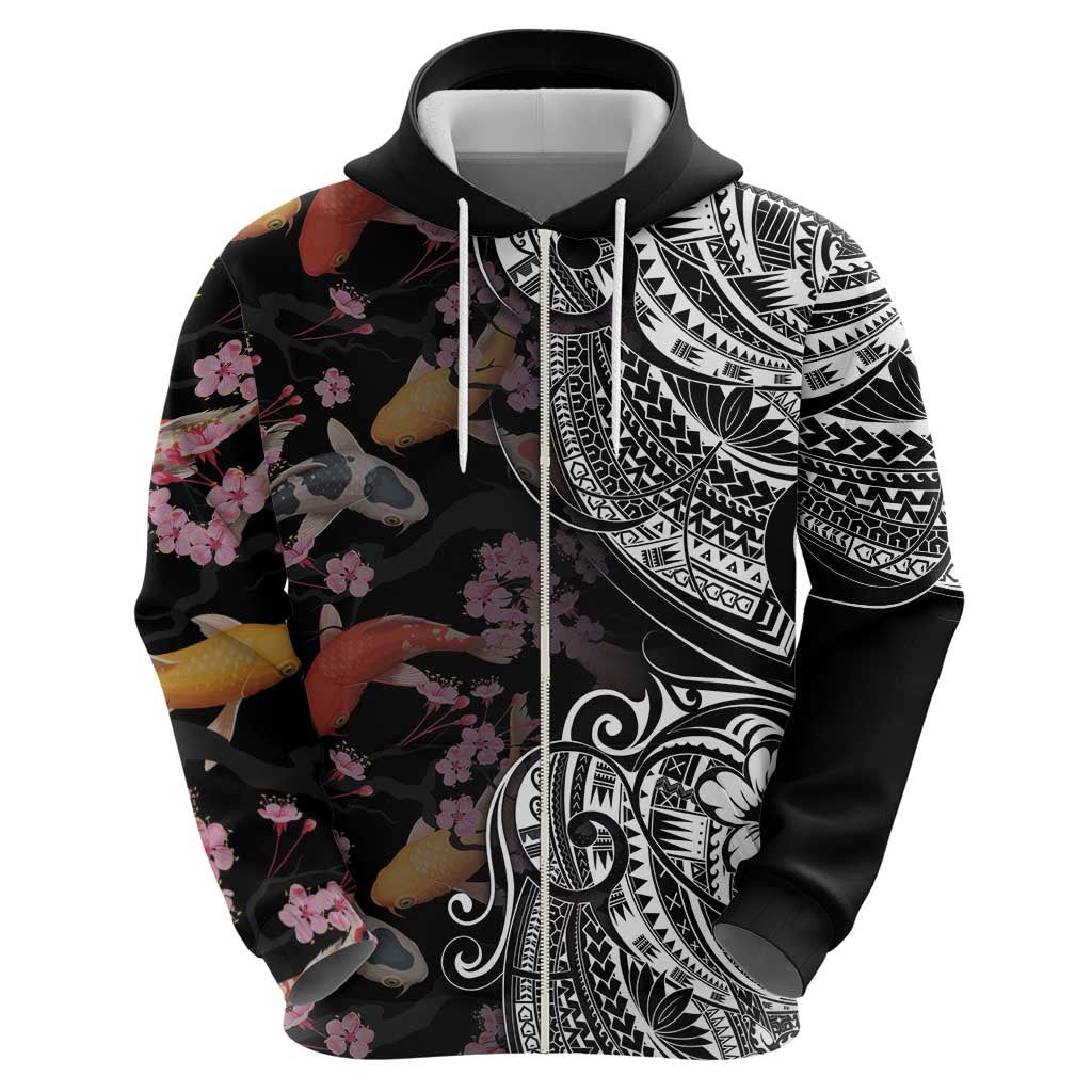 Hawaiian and Japanese Together Zip Hoodie Polynesian Triball Tattoo Koi Carps and Sakura LT03 - Polynesian Pride