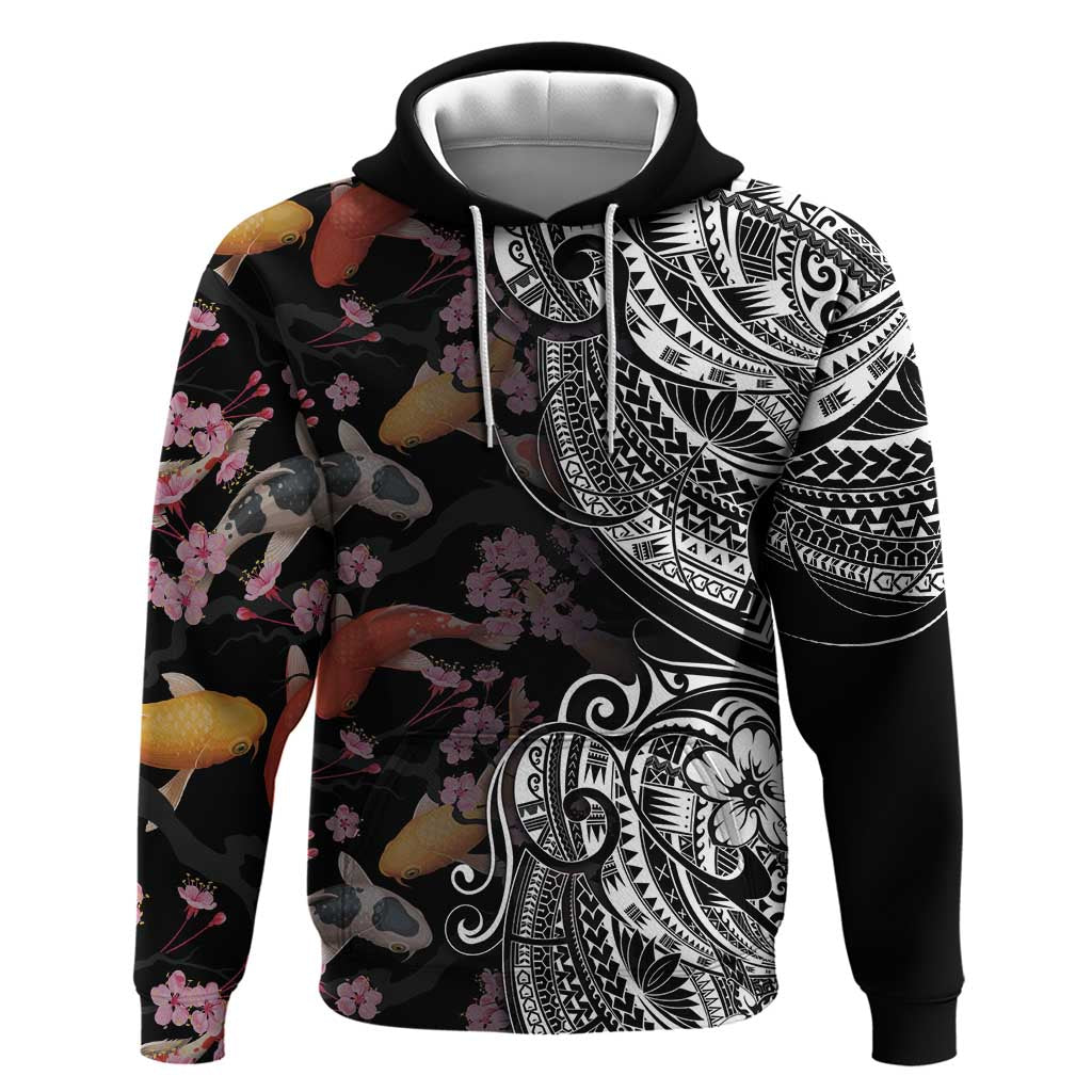 Hawaiian and Japanese Together Zip Hoodie Polynesian Triball Tattoo Koi Carps and Sakura LT03 Pullover Hoodie Black - Polynesian Pride