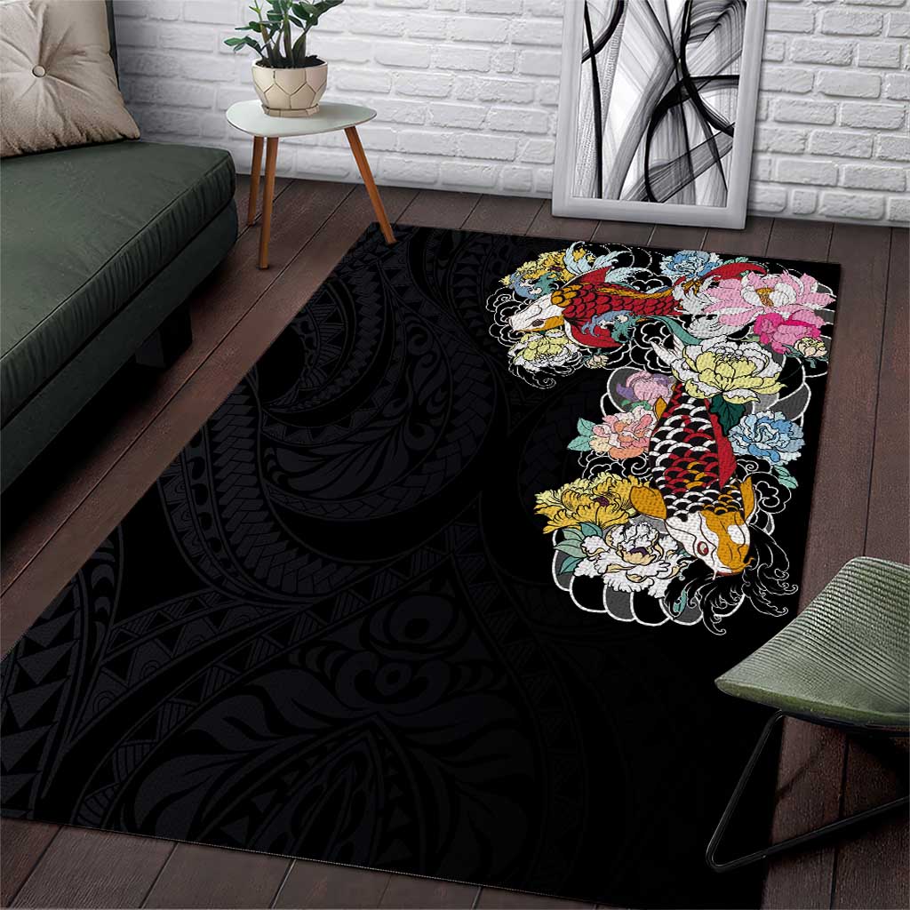 Hawaiian and Japanese Together Area Rug Colorful Traditional Japanese Tattoo and Kakau Pattern Black Color LT03 Black - Polynesian Pride