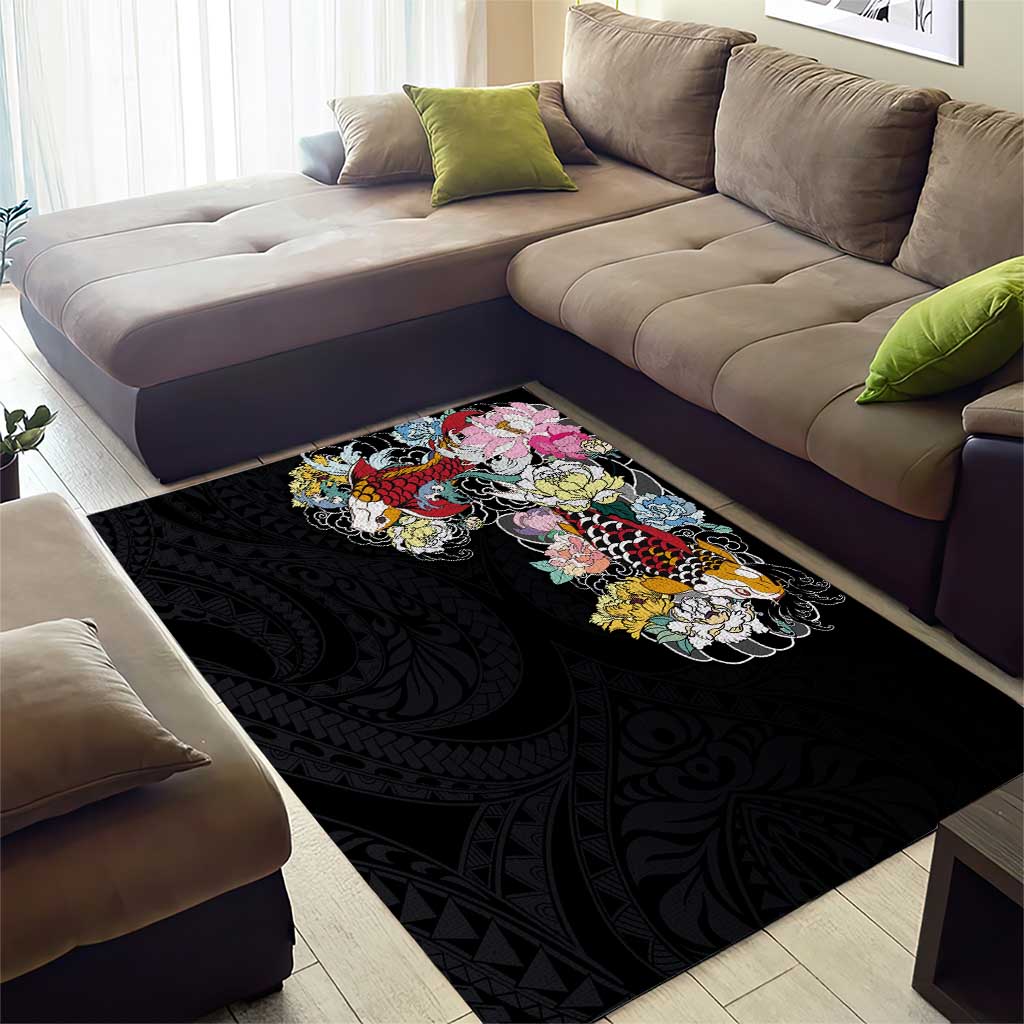 Hawaiian and Japanese Together Area Rug Colorful Traditional Japanese Tattoo and Kakau Pattern Black Color LT03 - Polynesian Pride