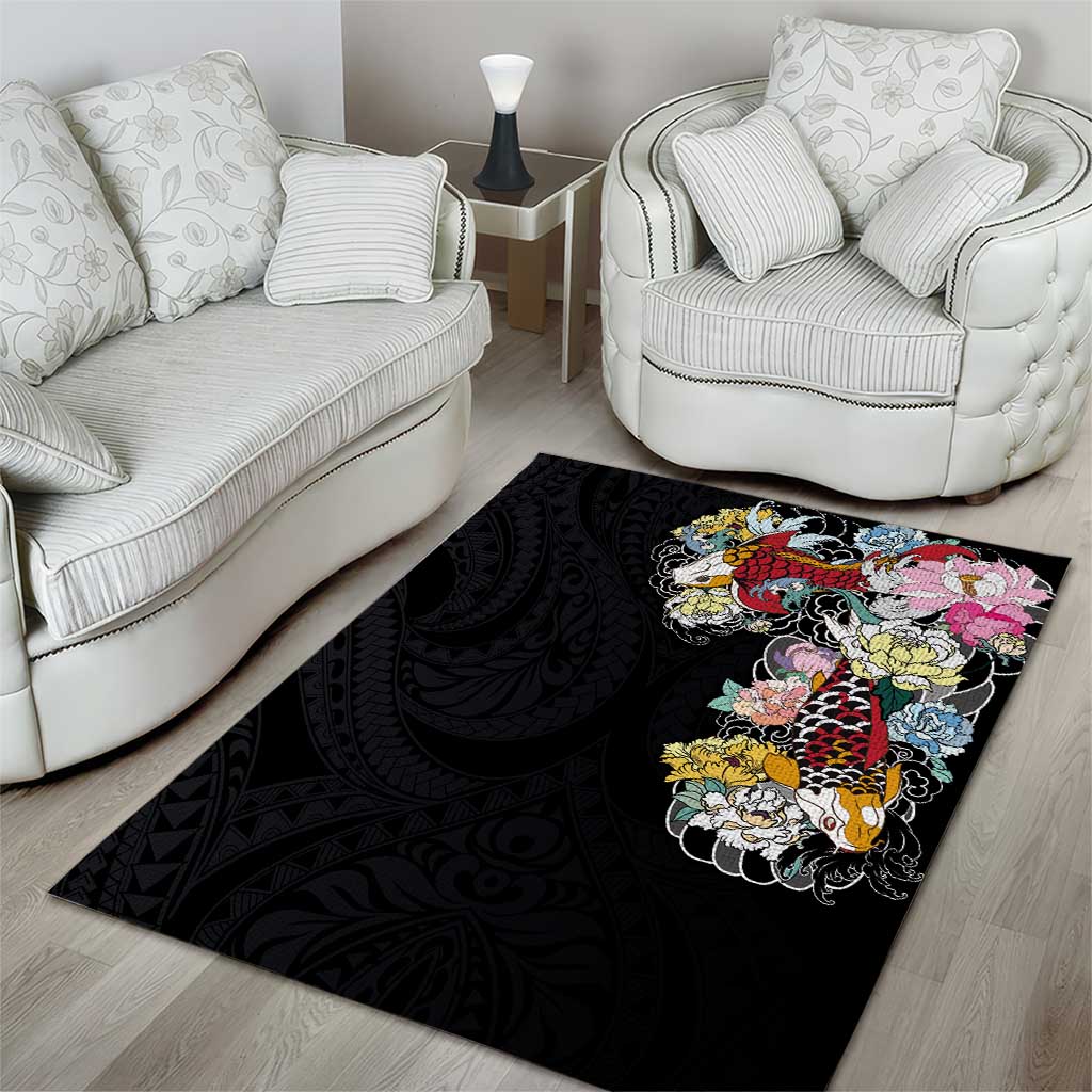 Hawaiian and Japanese Together Area Rug Colorful Traditional Japanese Tattoo and Kakau Pattern Black Color LT03 - Polynesian Pride