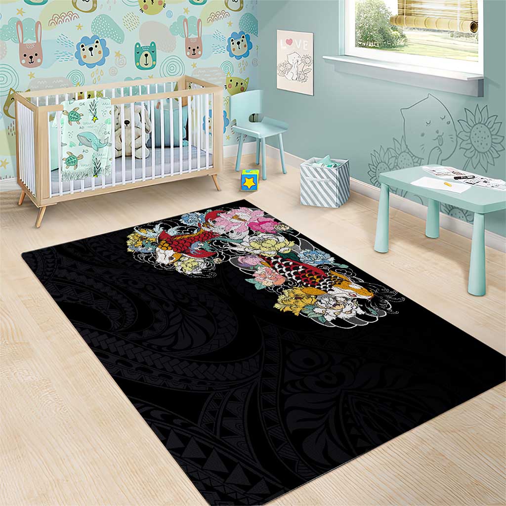 Hawaiian and Japanese Together Area Rug Colorful Traditional Japanese Tattoo and Kakau Pattern Black Color LT03 - Polynesian Pride