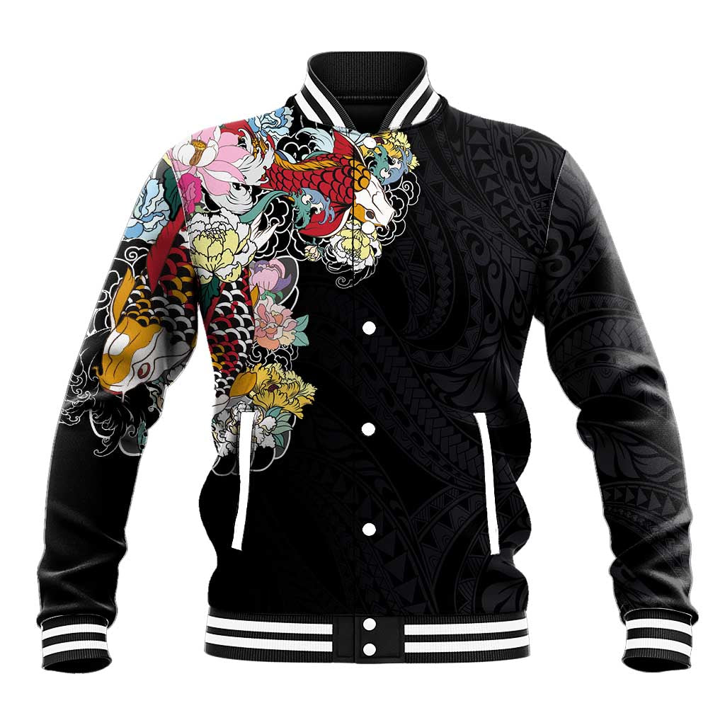 Hawaiian and Japanese Together Baseball Jacket Colorful Traditional Japanese Tattoo and Kakau Pattern Black Color LT03 Unisex Black - Polynesian Pride