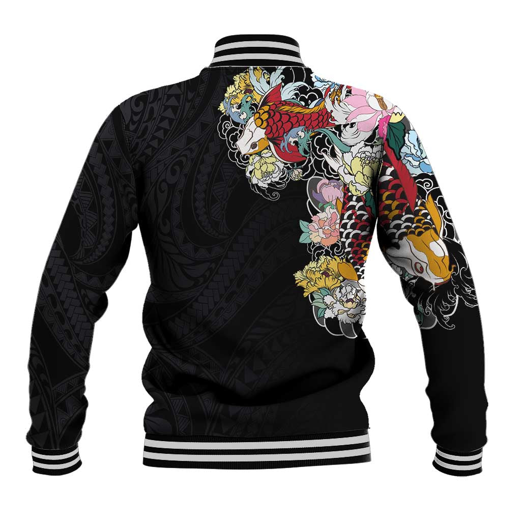 Hawaiian and Japanese Together Baseball Jacket Colorful Traditional Japanese Tattoo and Kakau Pattern Black Color LT03 - Polynesian Pride