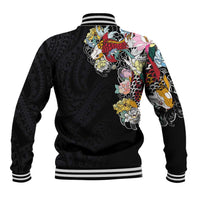 Hawaiian and Japanese Together Baseball Jacket Colorful Traditional Japanese Tattoo and Kakau Pattern Black Color LT03 - Polynesian Pride